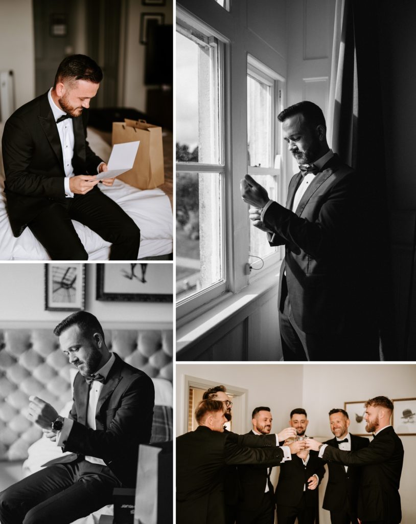 groom getting ready on wedding morning at tortworth court