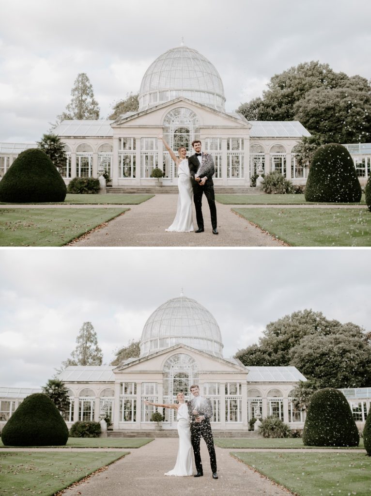 bride and groom spraying champagne outside conservatory at syon park