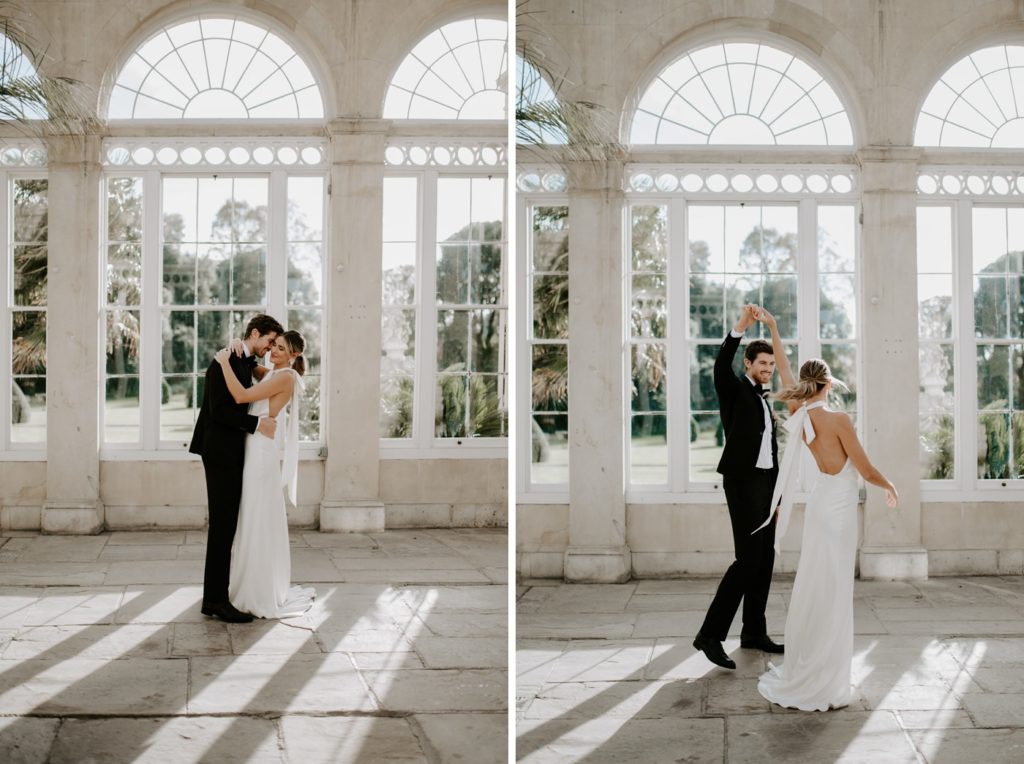 bride and groom dancing in great conservatory in syon park