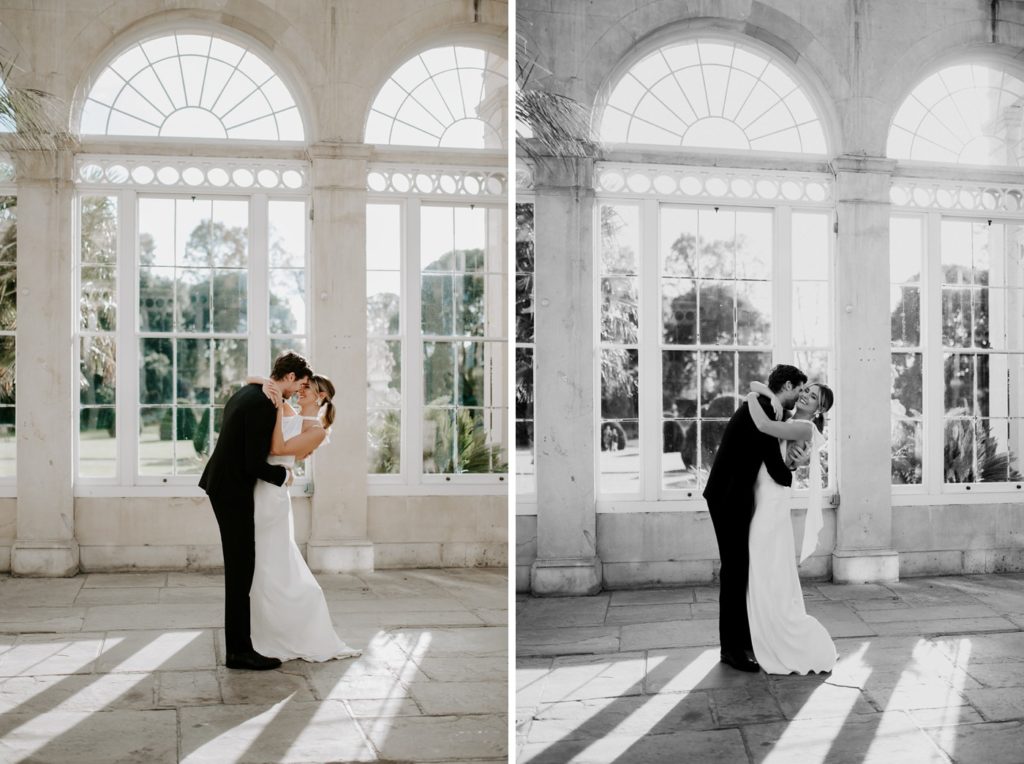 bride and groom hugging in great conservatory in syon park