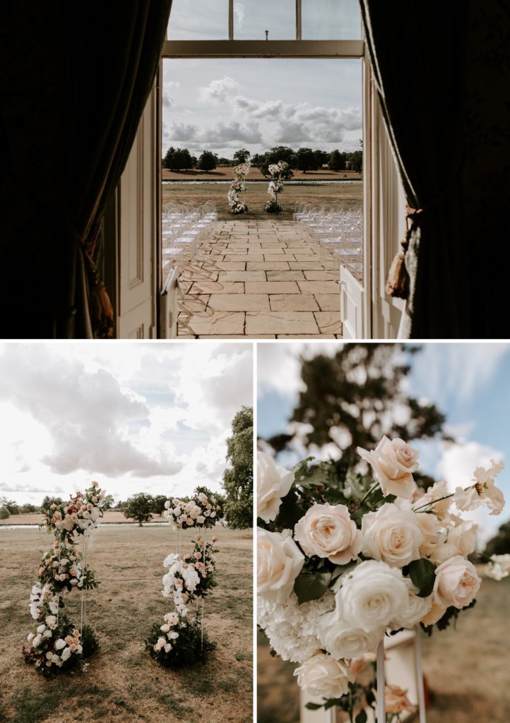 ceremony area at wilderness reserve sibton park estate overlooking lake with modern luxe florals