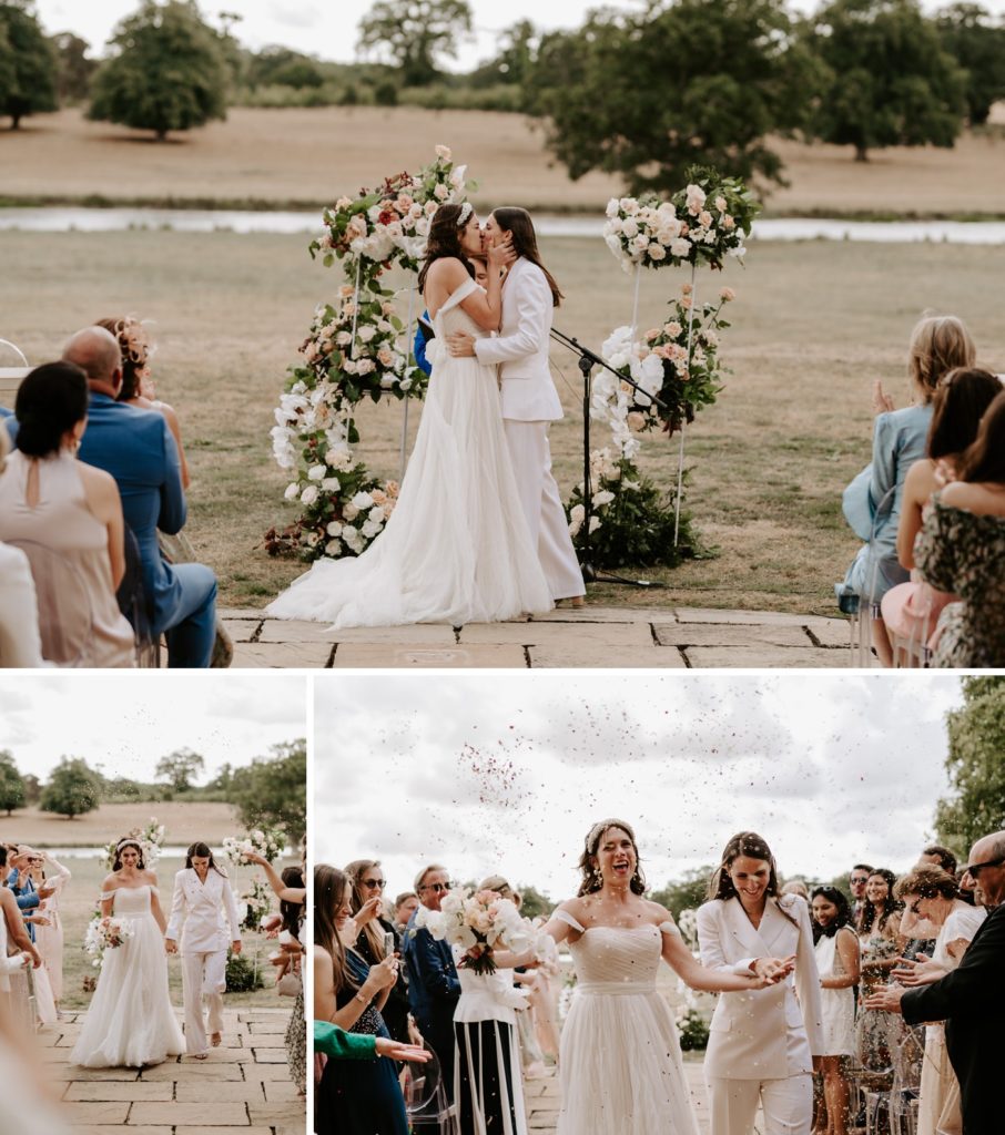 wedding ceremony at sibton park esate wilderness reserve with first kiss and confetti