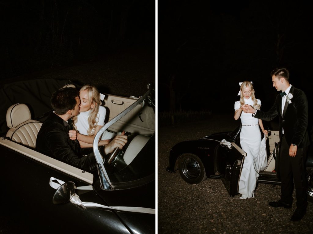 couple at night with vintage wedding car 