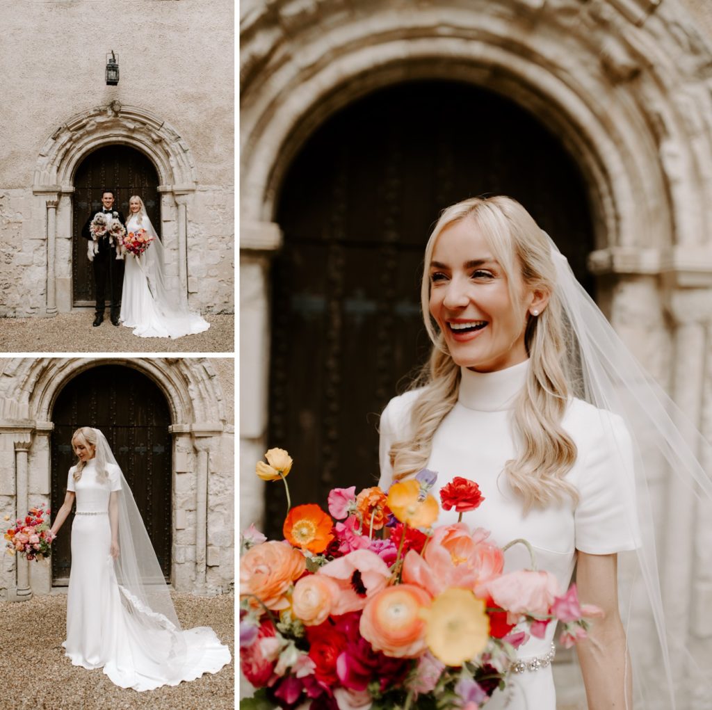 bride with colourful bouquet outside church
