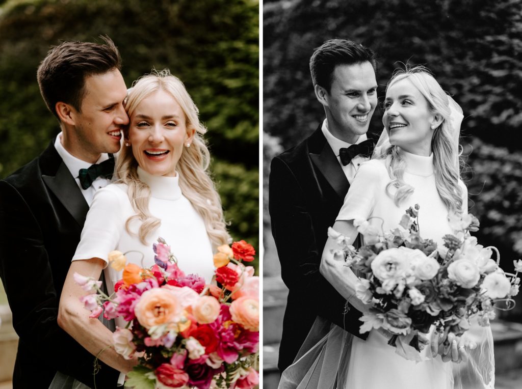 couple in gardens of West Green house wedding venue with colourful wedding bouquet