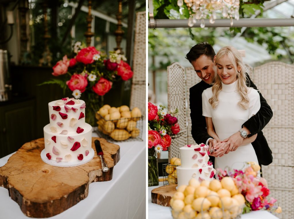 couple cutting cake at West Green house gardens 