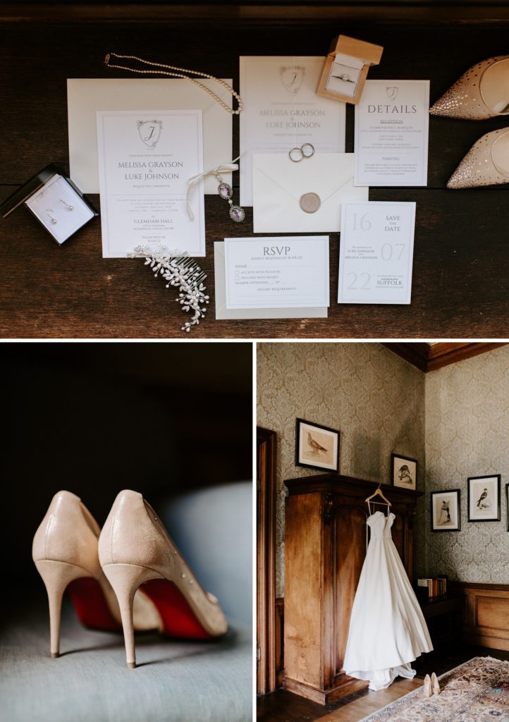 glemham hall wedding details, flat lay, shoes and dress