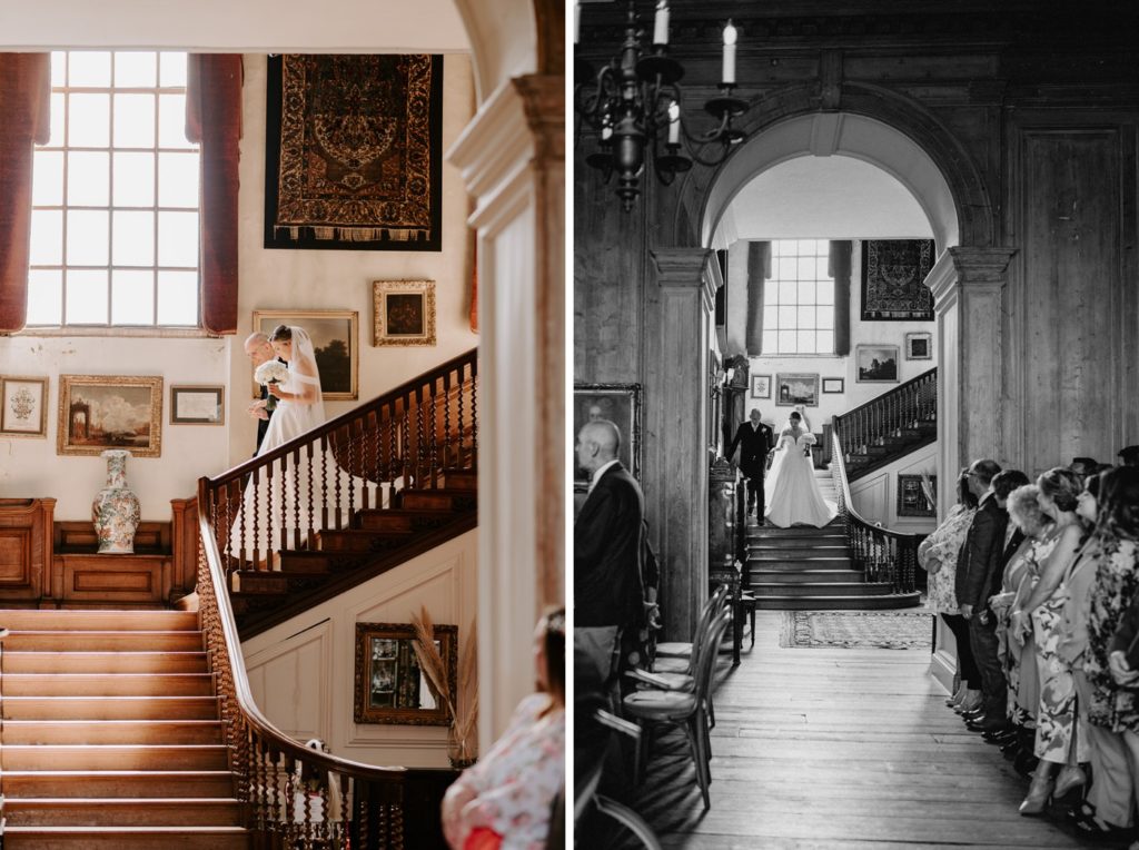 bride and father walking down stairs of house at glemham hall