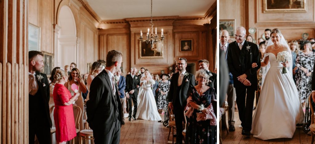 bride and father walking down aisle at glemham hall