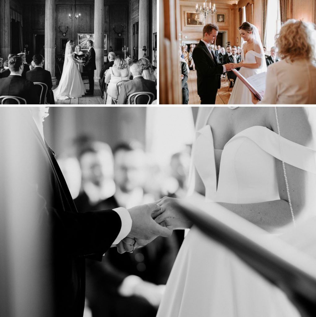 bride and groom exchanging vows during ceremony in great hall at glemham hall