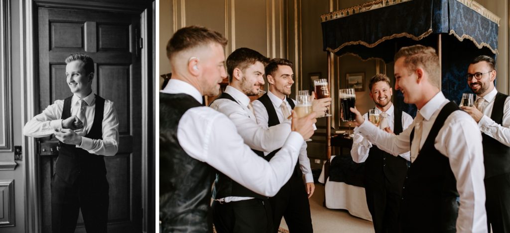 groom and groomsmen getting ready at glemham hall in Suffolk