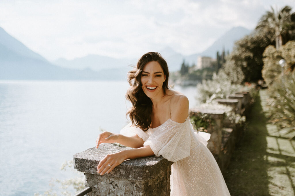 bride wearing berta in lake como italy