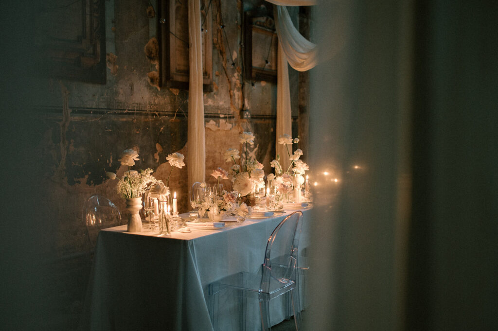 Wedding table set up at asylum chapel for London elopement