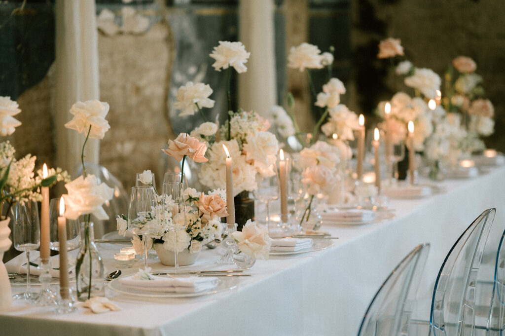 Wedding table set up at asylum chapel for London elopement
