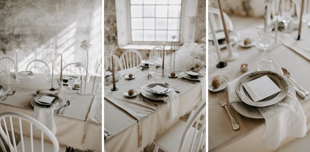 neutral wedding table decor for reception at Colonia Rusinol
