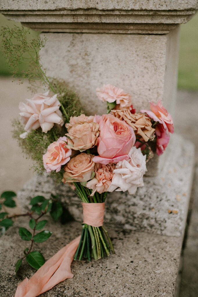 spring floral wedding bouquet with peonies and roses at euridge manor