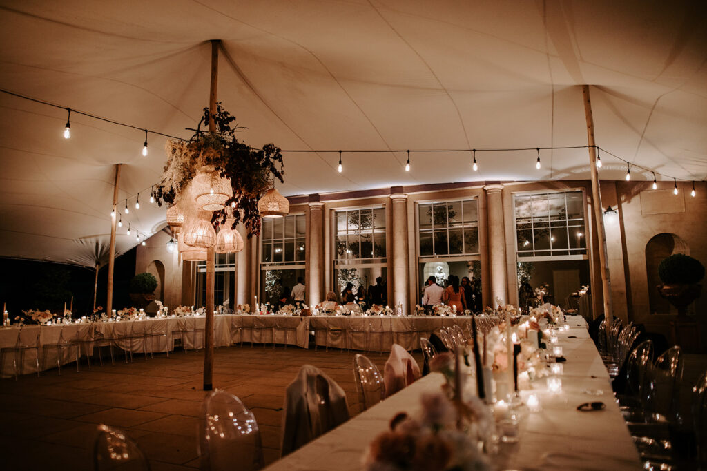 marquee wedding reception at wilderness reserve outside orangery